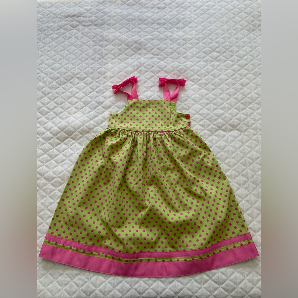 Vtg Peaches ‘n Cream Girl’s Sundress Size 4T Green And Pink Polka doted W/ Bows